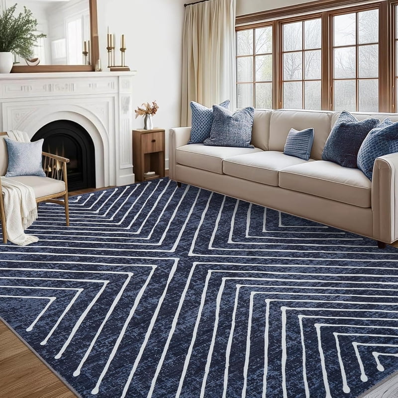 Blue Washable 10x13 Area Rug for Bedroom & Living Room Non Slip Striped Carpet