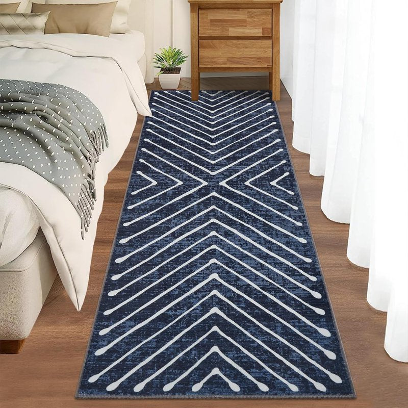 Navy Washable Runner for Hallways - Non Slip Geometric Bathroom Rug 2x6 - Homhougo