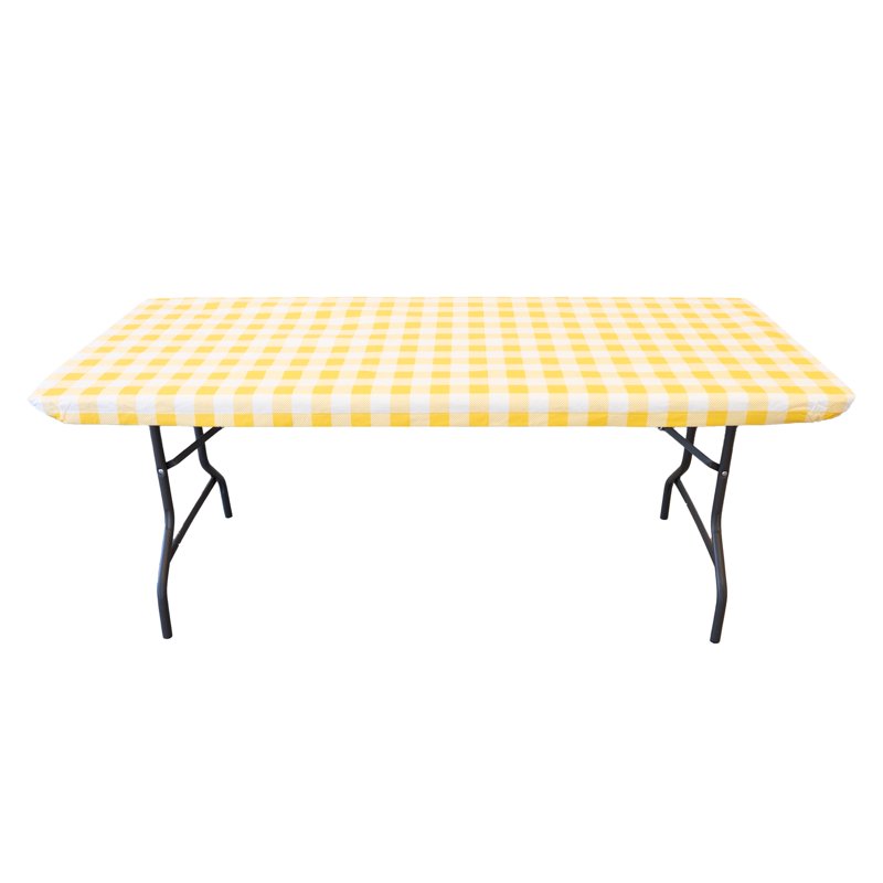 Elastic Fitted Vinyl Table Cover with Flannel Backing - Gingham Yellow, 6 ft