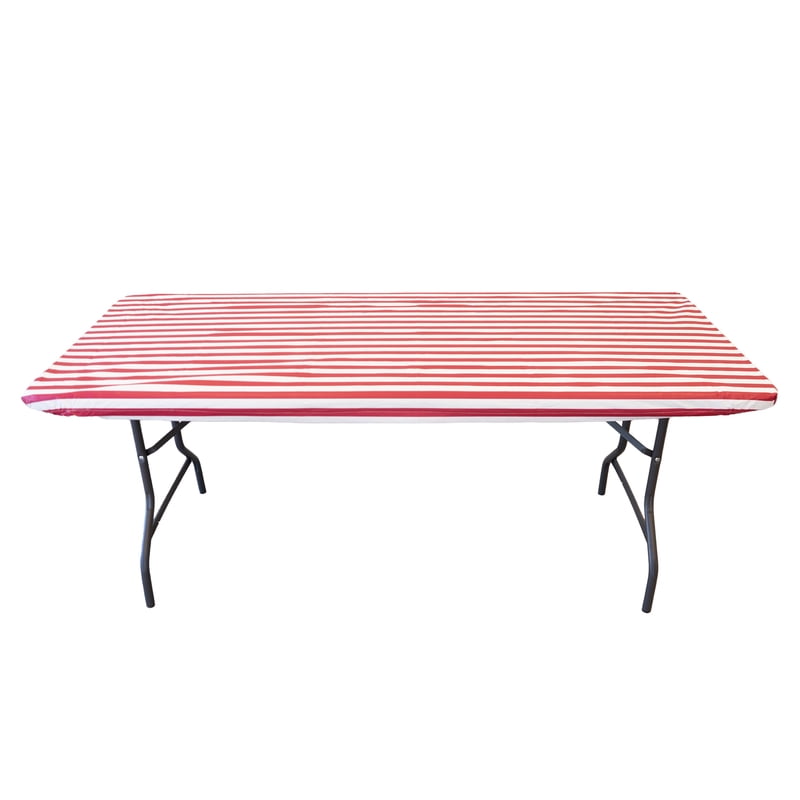 Elastic Fitted Vinyl Table Cover with Flannel Backing - White/Red Stripe, 6Ft
