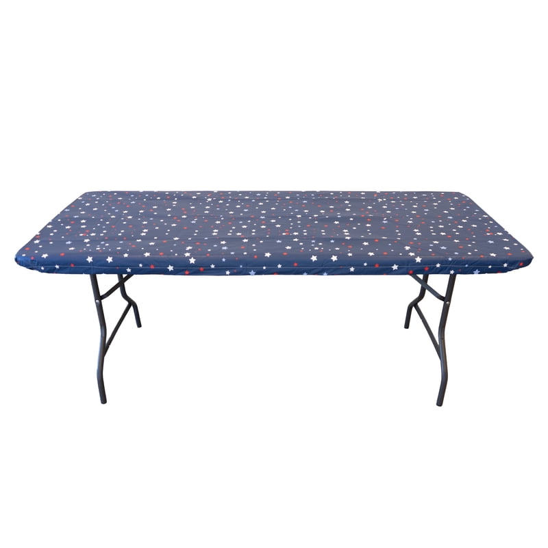 Elastic Fitted Table Cover - Waterproof Vinyl, 6ft, Scattered Stars with Blue Base, 4 Pack
