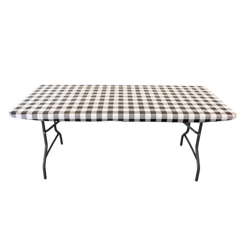 Elastic Fitted Vinyl Table Cover with Flannel Backing - Gingham Black, 6ft