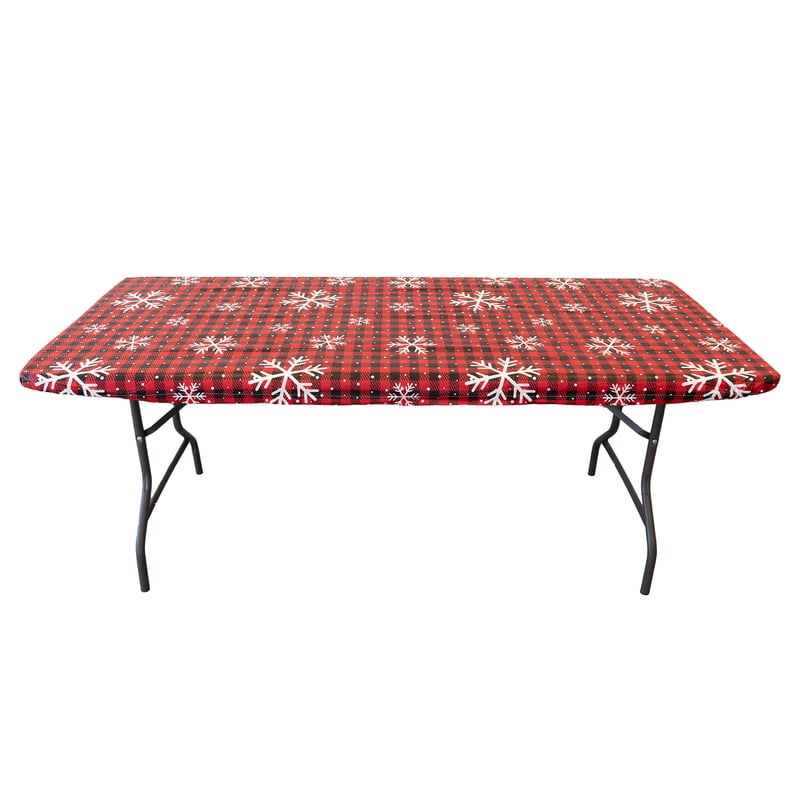 Elastic Fitted Vinyl Table Cover with Flannel Backing - Snowflake Red, 6ft
