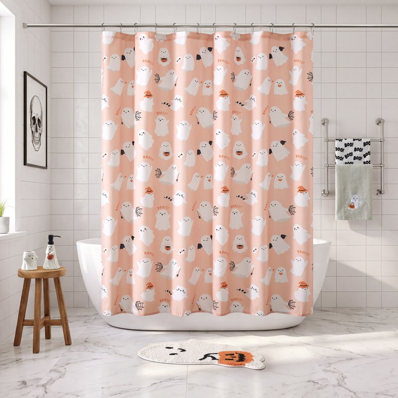 Pink Ghost Shower Curtain Set with Hooks - 13-Piece Bathroom Decor