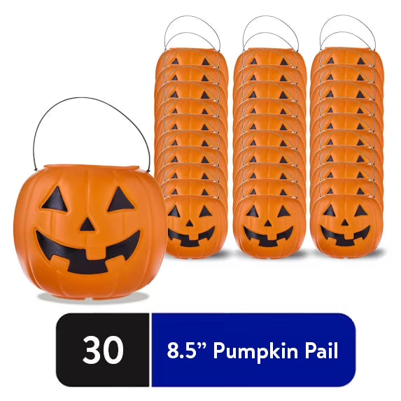 Halloween Pumpkin Buckets Set - 30 Orange Plastic Jack-o'-Lantern Buckets for Trick-or-Treating & Decor