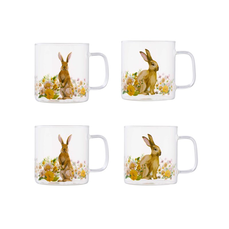 Bunny Daisy Glass Mug Set - 10 oz, 4 Pack for Hot & Cold Drinks