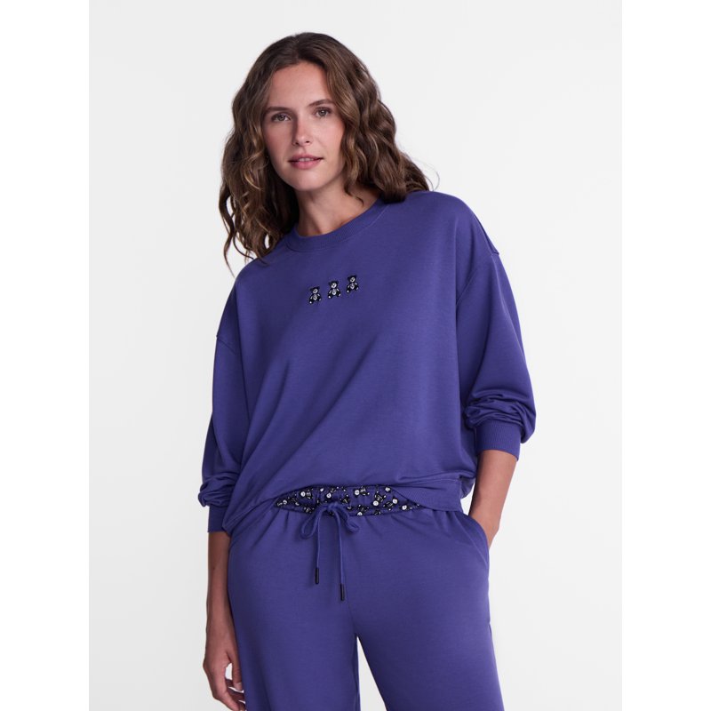 Women's Halloween Fall French Terry Knit Lounge Top with Embroidery - Blue S