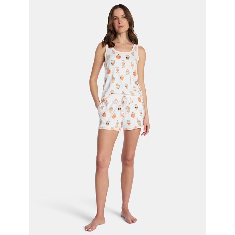 Winter White Coffee Halloween Women's Hacci Knit Pajama Set with Tank Top & Shorts L