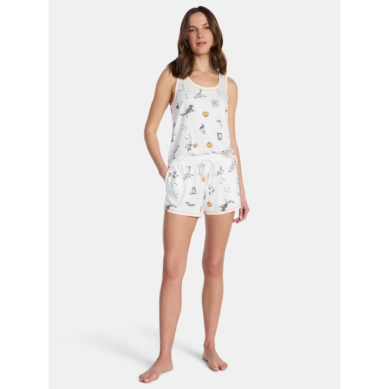 Halloween Women's Cozy Hacci Knit Pajama Set with Tank Top & Shorts - Winter White 2X