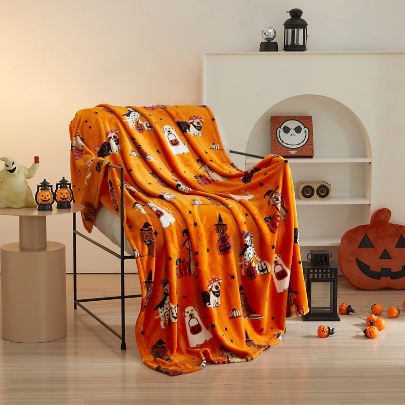 Dogs and Pumpkins Plush Couch Throw Blanket - Halloween Decor, 50 x 60 in, Orange