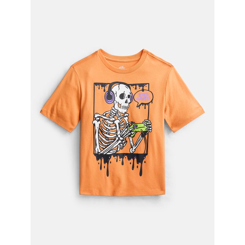 Halloween Boys Graphic T-Shirt with Short Sleeves - Orange Yam Skeleton, Size 6-7