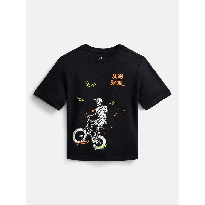 Halloween Boys Graphic Tee - Short Sleeve, Skeleton Design, Size 14-16, Black Soot