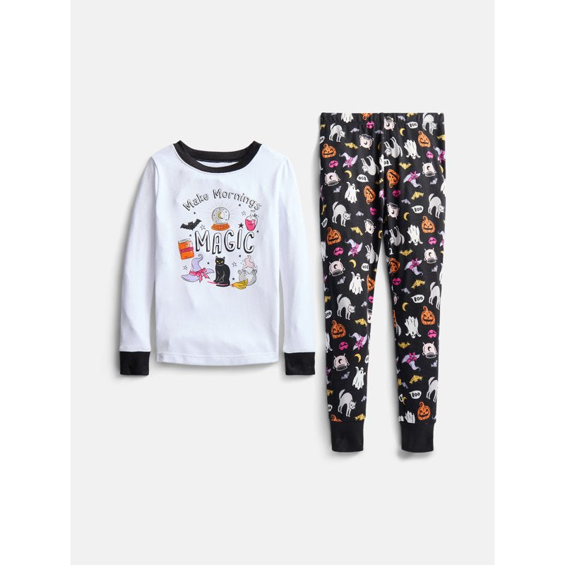 Vivid White Halloween Girls' Tight Fit Long Sleeve Pajama Set - Sizes 4-10