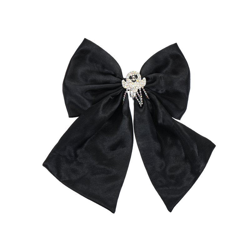 Halloween Embellished Ghost Charm Hair Bow Clip - Black Satin Barrette
