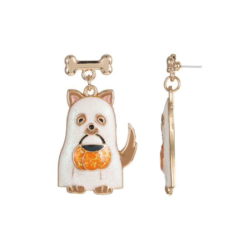 Halloween Ghost Puppy Earrings - Dangle Goldtone Jewelry, 1 Pair