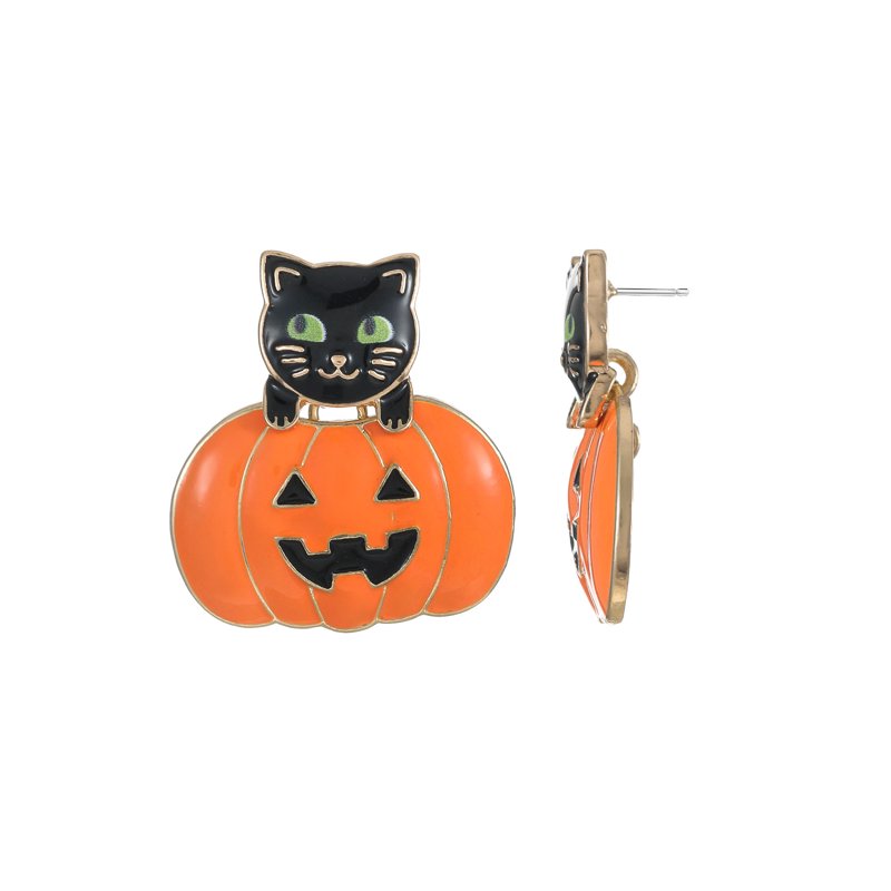 Halloween Jack-O-Lantern Cat Earrings - Pumkin Cat Variation, Lightweight Dangle Jewelry