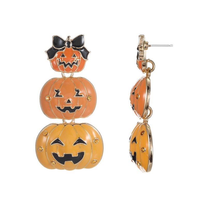 Jack-O-Lantern Stack Halloween Earrings - Spooky Season Dangle Jewelry - Goldtone, Hypoallergenic, 1 Pair