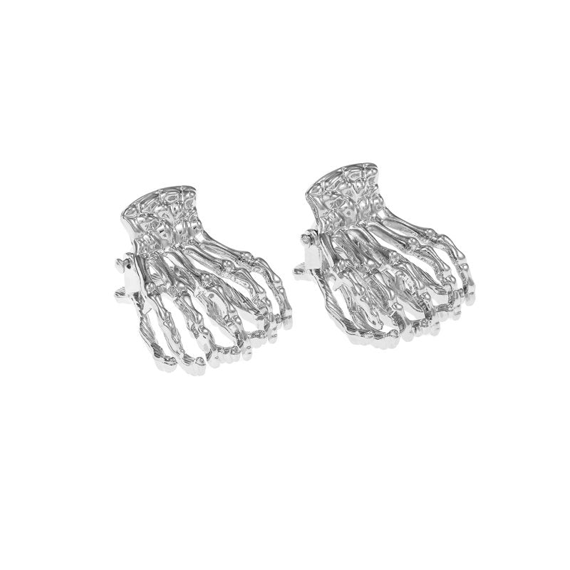 Skeleton Halloween Hair Clip Set - Silver Skull Hand Design, 2 Pieces