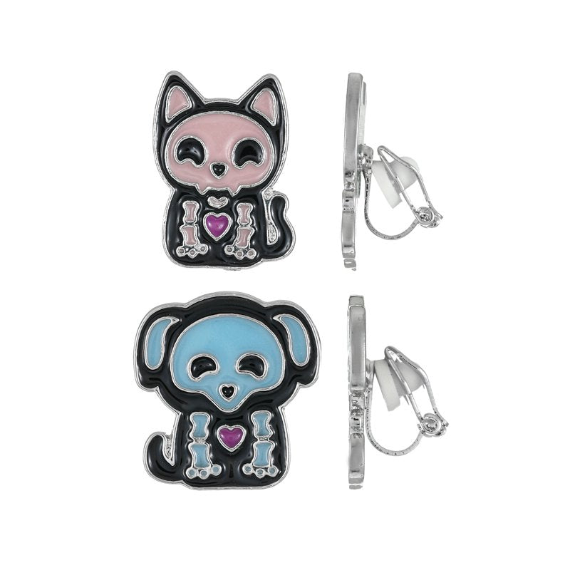 Halloween Skeleton Pet Clip-On Stud Earrings - 2 Pairs Spooky Costume Jewelry