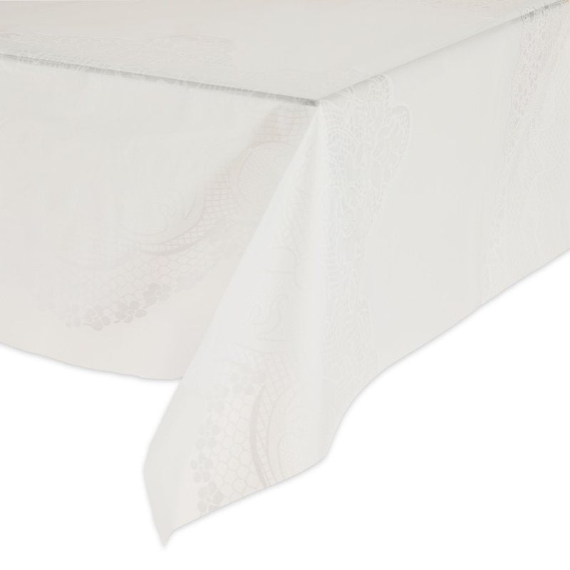 54" x 108" White Printed Lace Plastic Table Cover - Single