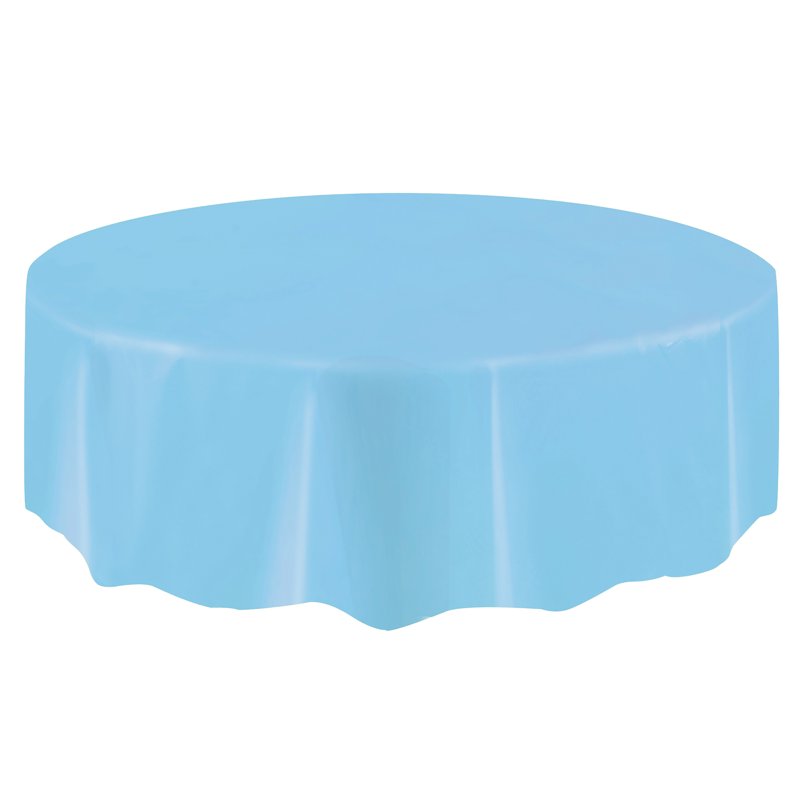 84-Inch Light Blue Round Plastic Table Cover - Single Use