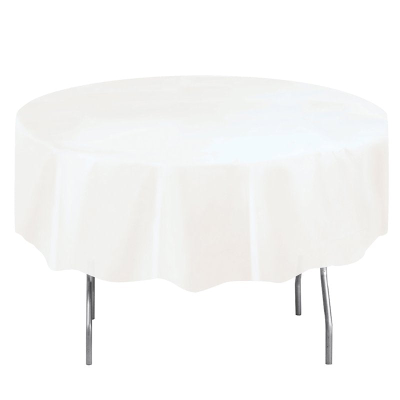 84-Inch White Round Plastic Table Cover - Single