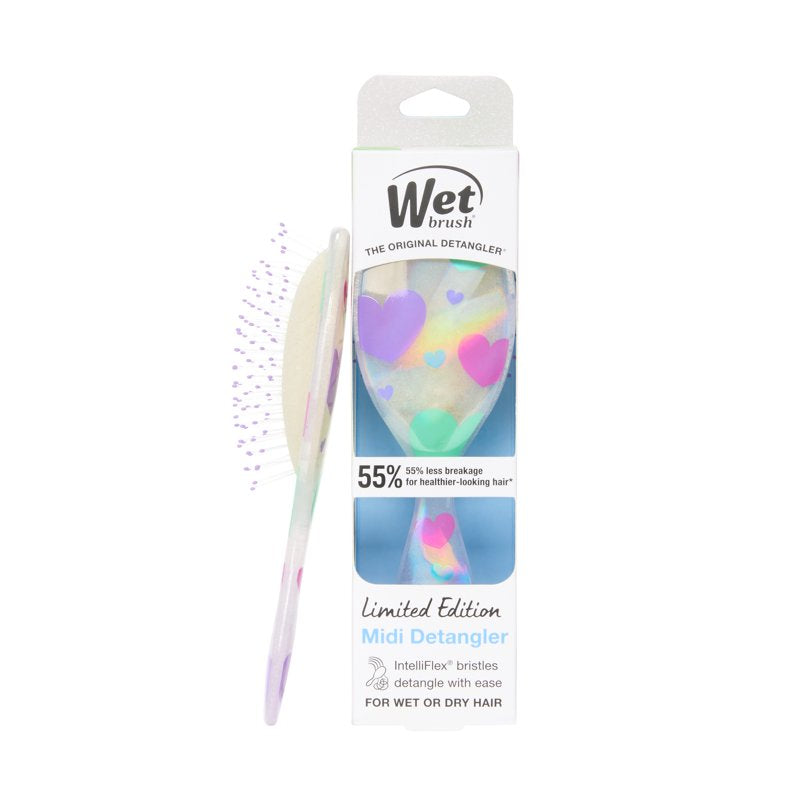 Midi Detangler Hair Brush - Glitter Hearts Design, For Wet or Dry Hair
