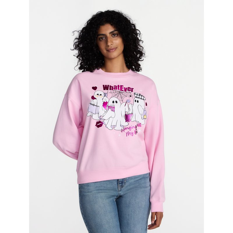 Pink Ghost Halloween Graphic Crew Sweatshirt Women XL - Spooky Season Casual