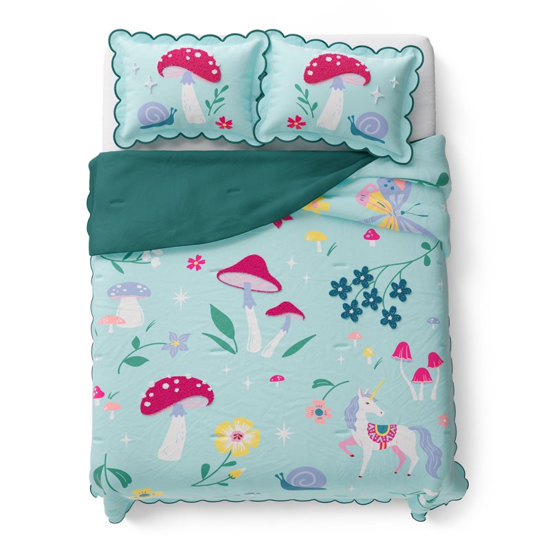 Full/Queen Fairy Garden Comforter Set - Textured Unicorn & Mushrooms Kids Bedding
