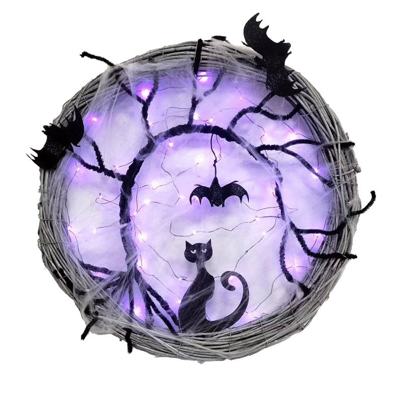 Halloween Wreath with Purple LED Lights Bat Cat Decor for Front Door