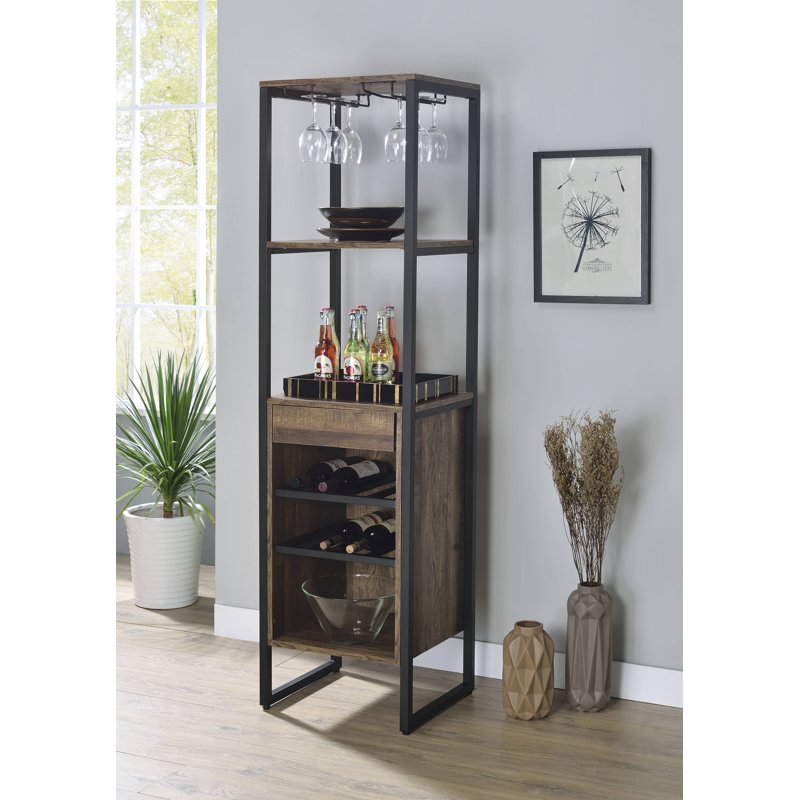 Oak Finish Wine Rack with Drawer and Open Compartments