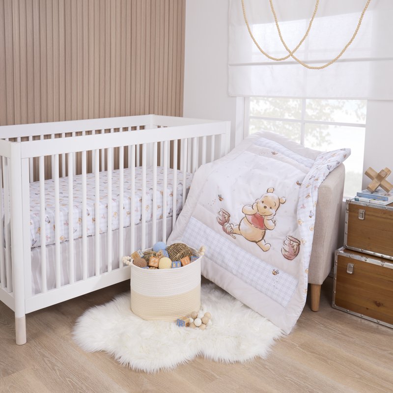 Winnie the Pooh Unisex Crib Bedding Set - 3 Piece Baby Nursery Decor - Variation of Winnie the Pooh