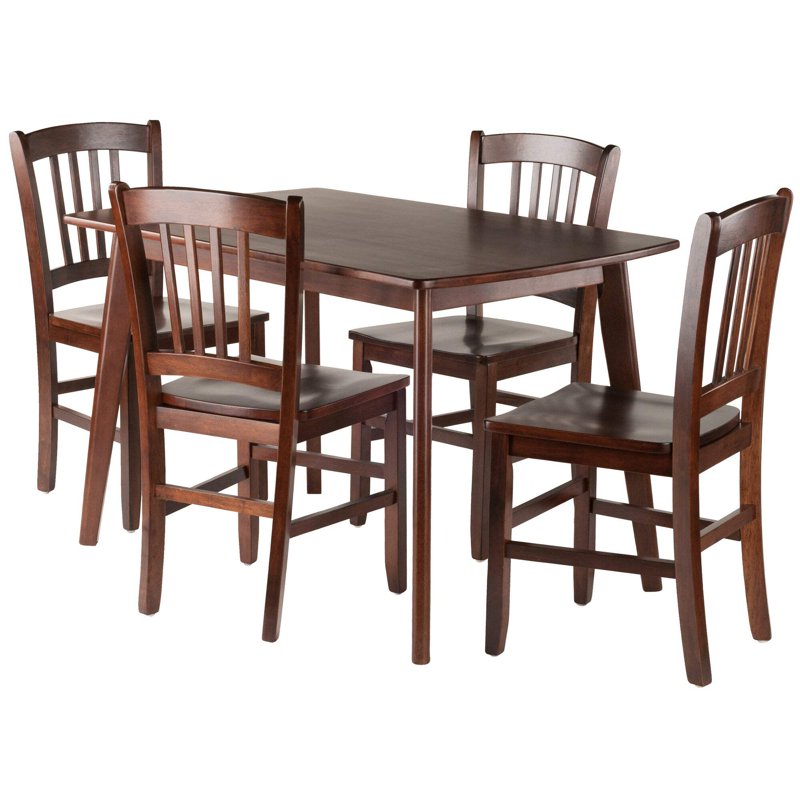 5-Piece Walnut Dining Table Set with Slat Back Chairs
