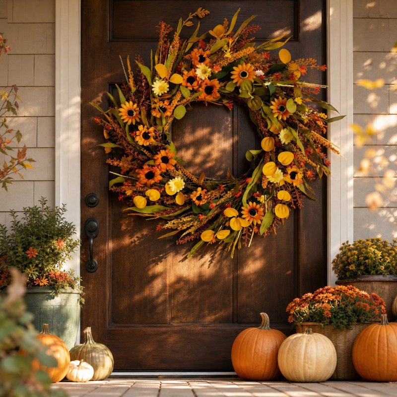 Fall Sunflower Dried Grass Wreath for Front Door Wall Decor, Harvest Garland - 17.7in