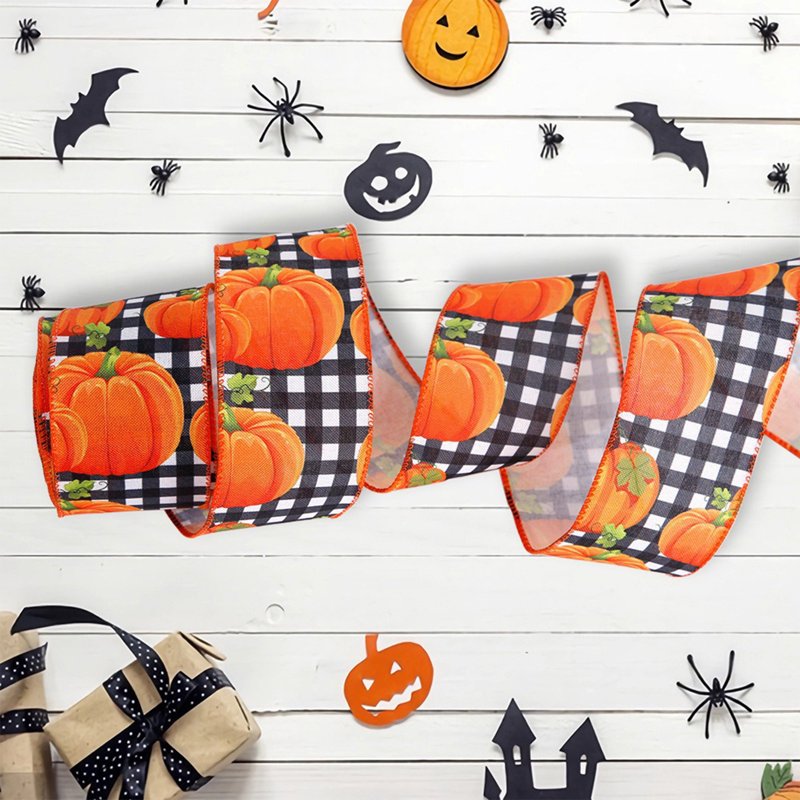 Fall Wired Edge Ribbon for Wreaths & Garlands - Pumpkin & Maple Leaf Design - Decor_K