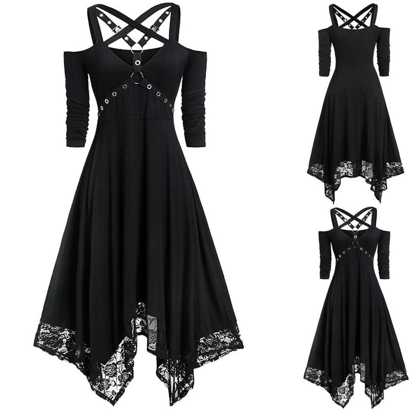 Gothic Black Dress for Women Halloween Costume Plus Size Lace Trim Sleeve