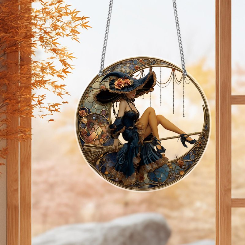 Halloween Witch Acrylic Suncatcher Window Hanging with Crystal Pendant - Decor_O