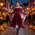 Women’s Witch Costume Dress with Bat Sleeve & Gothic Details - Wine, Size S
