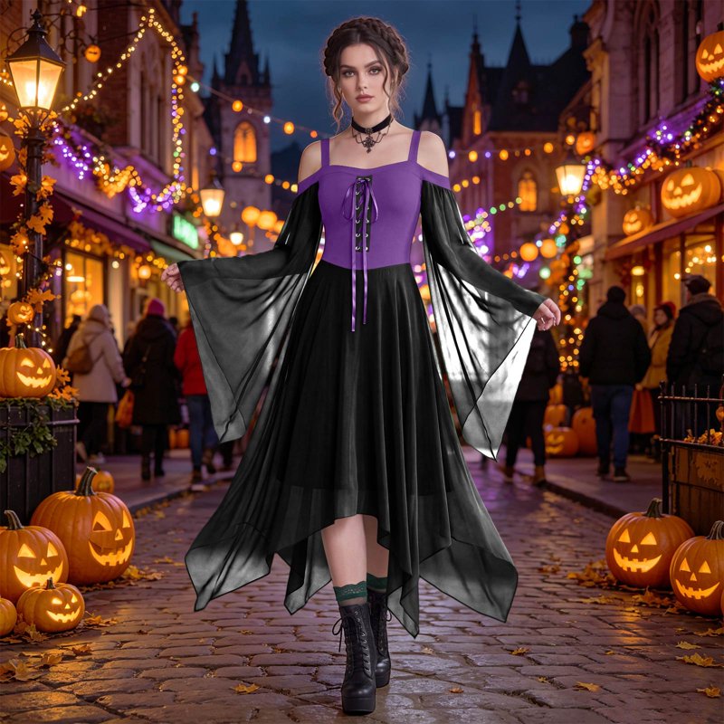 Dark Purple Witch Costume Women Halloween Dress Gothic Renaissance Medieval 2XL - Variation #01