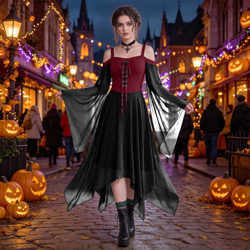 Women’s Gothic Witch Costume Dress - Renaissance Medieval Vampire Deep Red 3XL Variation