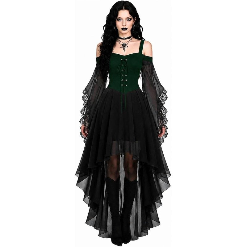 Green Women Butterfly Sleeve Witch Dress Gothic Costume Halloween 2026