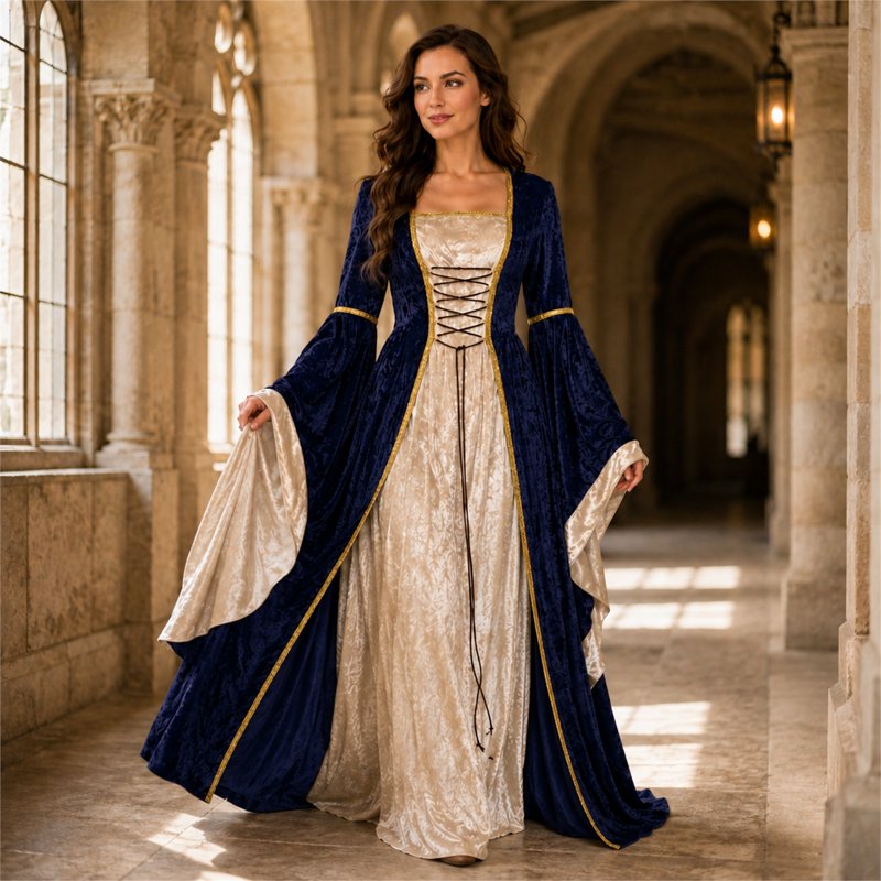 Women Gothic Witch Costume Dress - Silver, Halloween Vampire Renaissance Medieval Outfit M