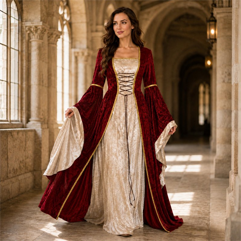 Women's Gothic Witch Costume Dress - Halloween Vampire Renaissance Velvet XL Vermilion