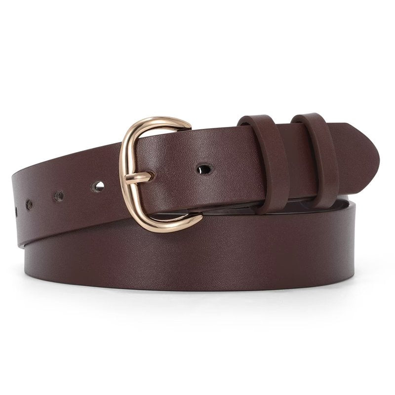 Women Leather Belt for Jeans Pants - Gold Buckle, Coffee, Fit Waist 43-46"