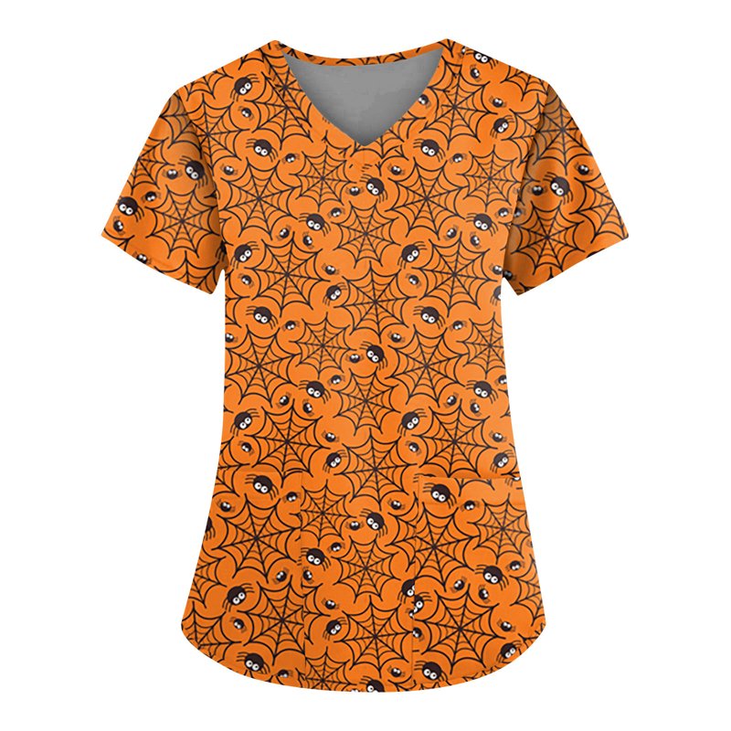 Women's Halloween Pumpkin-Headed Bat Printed Scrub Top - Plus Size XXL Yellow