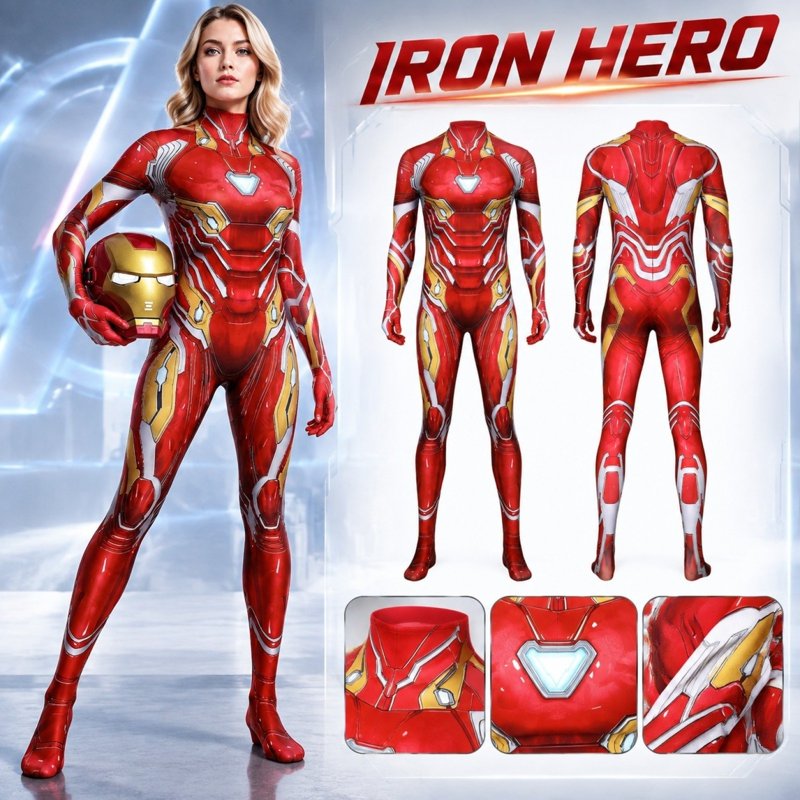 Women Superhero-Inspired Fitted Cosplay Bodysuit with Mask - Red, S Variation