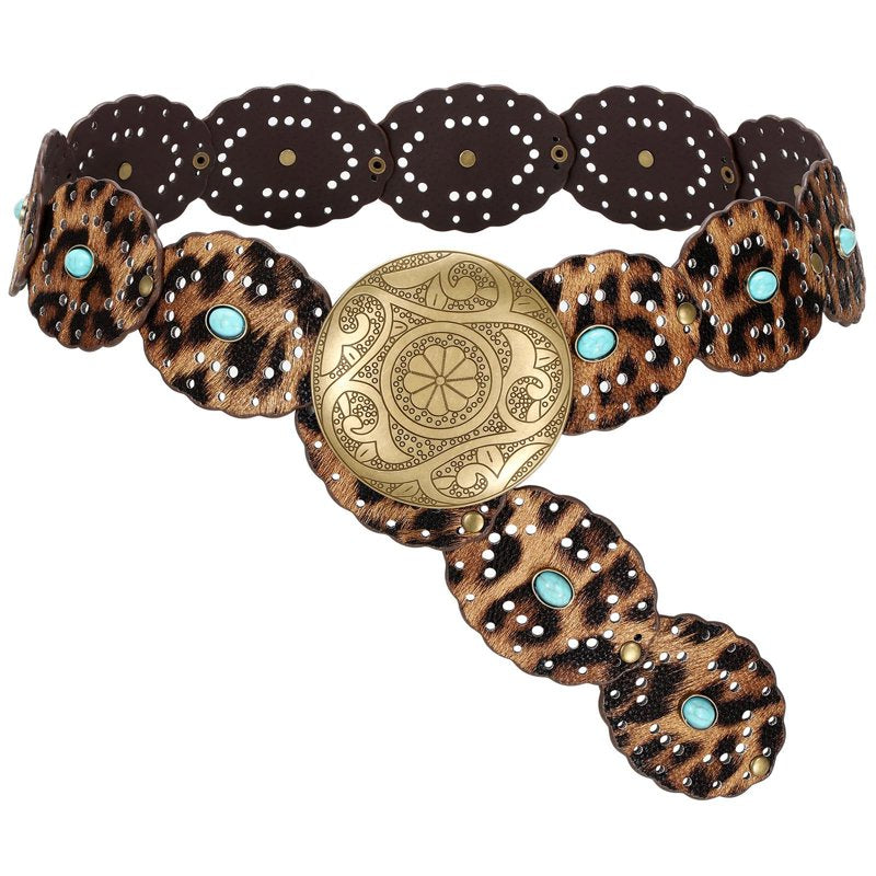 Leopard Western Leather Belt for Women Cowgirl Boho Concho Waist Up to 44"
