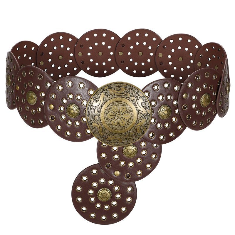 Brown Wide Leather Western Belt for Women - Boho Concho Disc Style, Up to 37"