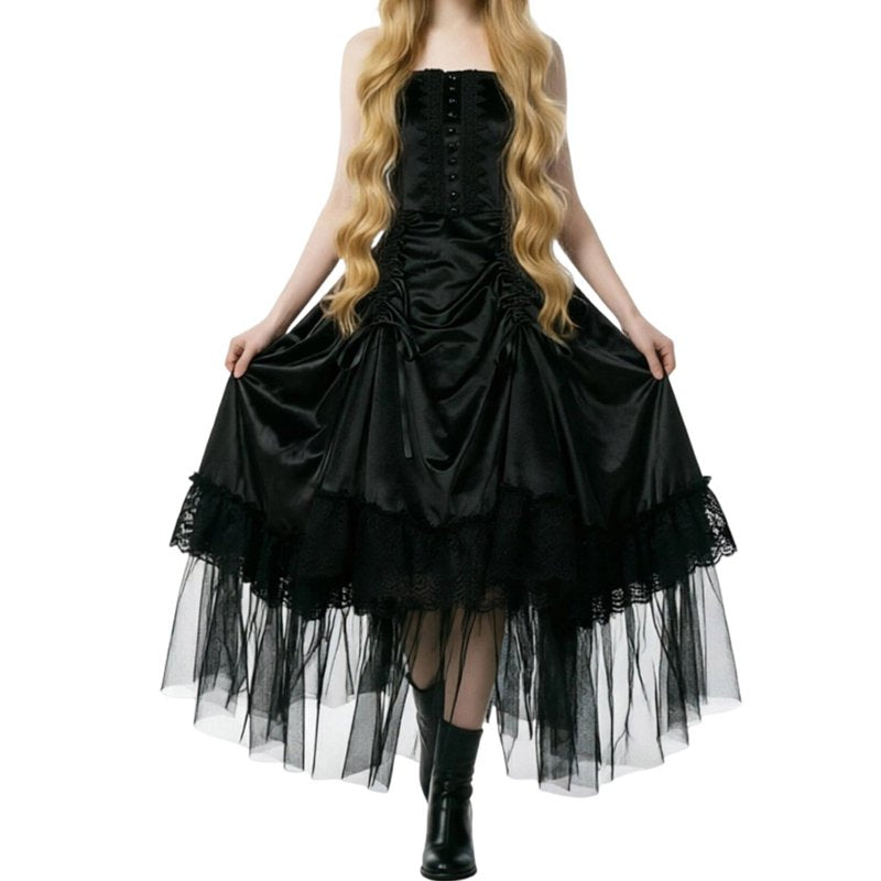 Women's Gothic Corset Dress A105 Black L with High-Low Tulle Skirt & Lace Ruffles - Dark Witch Vampire Cosplay