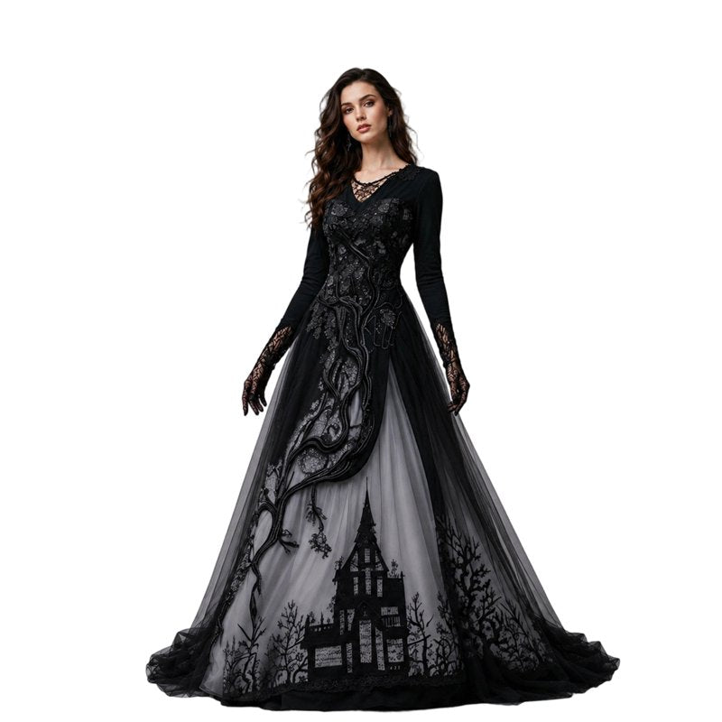 Women's Gothic Halloween Maxi Dress - Gray 2XL Thorn Pattern Lace Chiffon Costume
